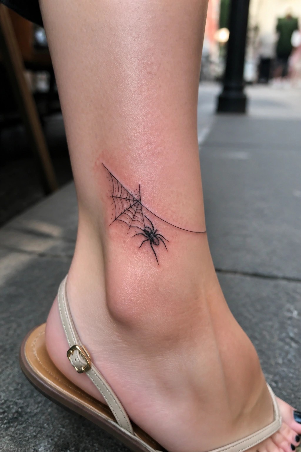 Spider and web tattoo on ankle above beige sandal strap