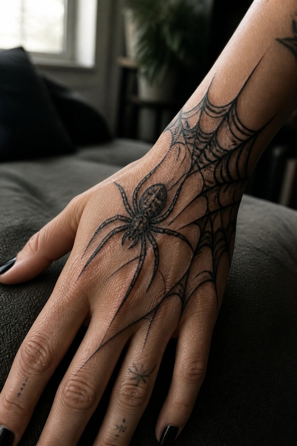 Black spider tattoo on the back of a hand with a web extending up the wrist and forearm in dark ink.