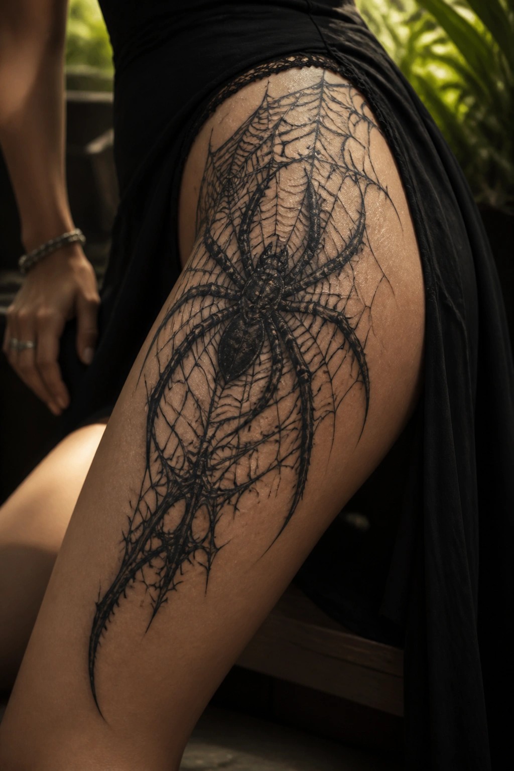 Large black spider and web tattoo on thigh under lace-trimmed black skirt