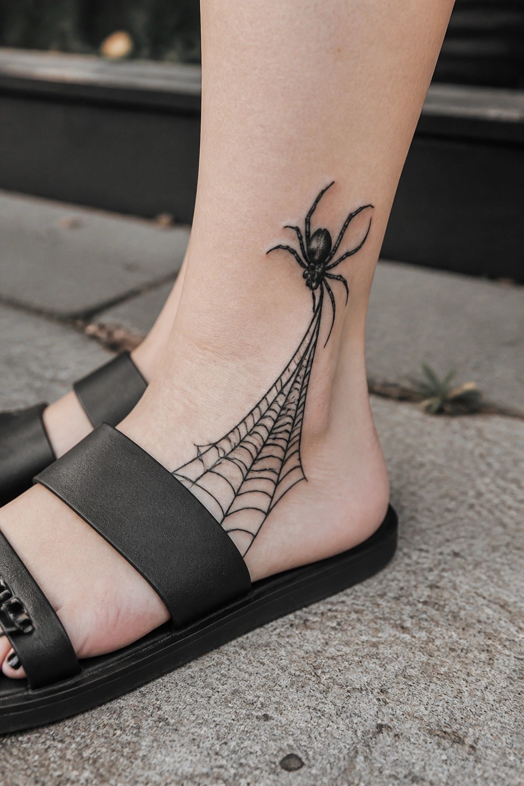 Black ink spider and web tattoo on the outer ankle and side of the foot in a realistic line style.