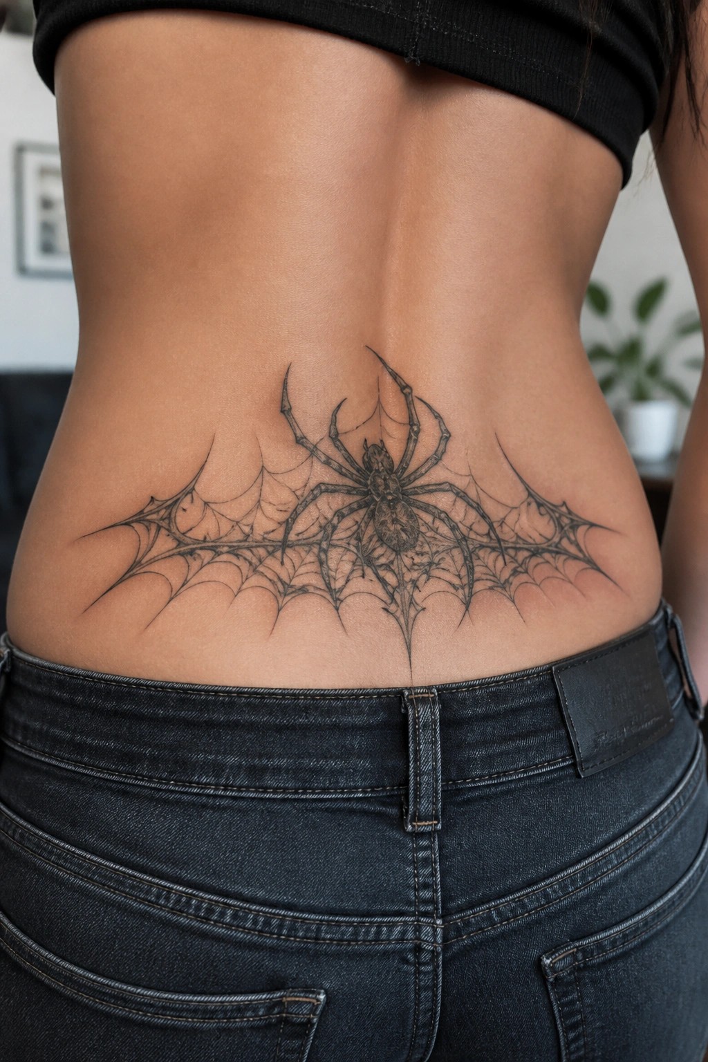 Black ink spider and web tattoo centered on a woman's lower back above dark jeans