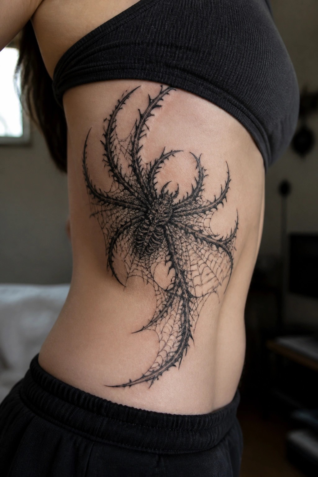 Black spider web tattoo covering side of torso under black crop top