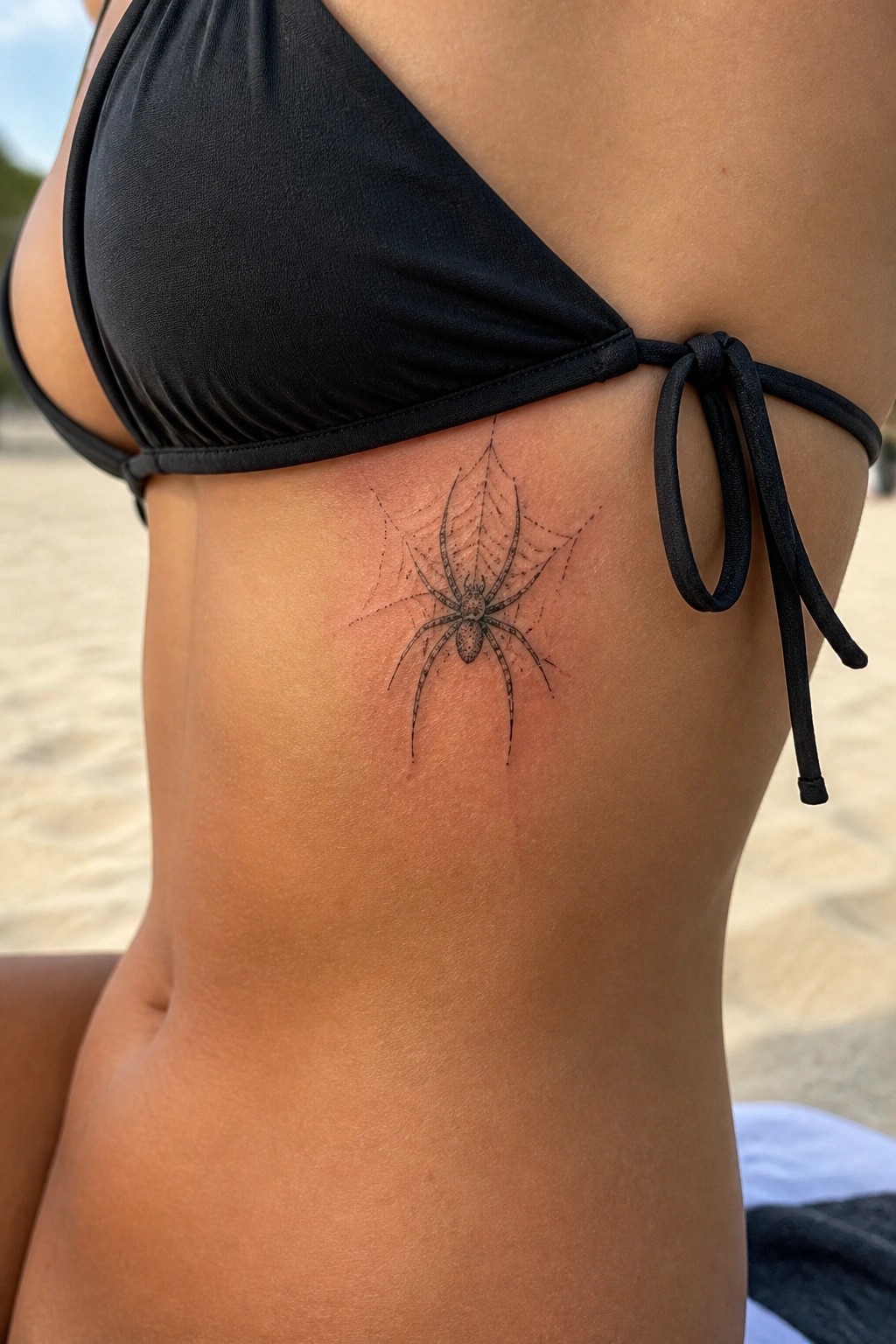 Spiderweb tattoo on torso beside black string bikini on beach sand