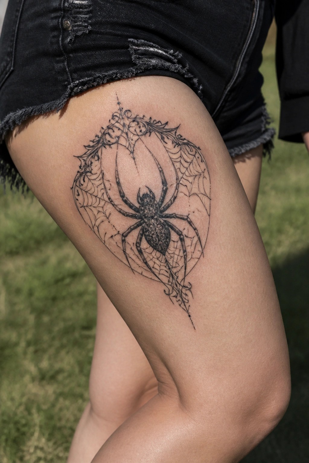 Black ink spider and web tattoo with ornate frame on a woman's thigh in denim shorts.