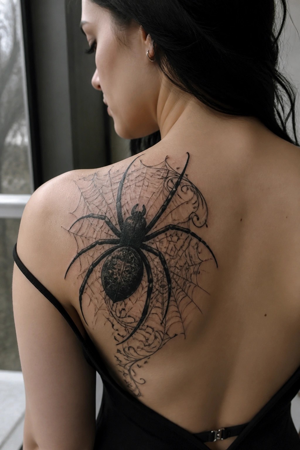 Black spider and web tattoo spanning the upper back and left shoulder of a woman in dark ink