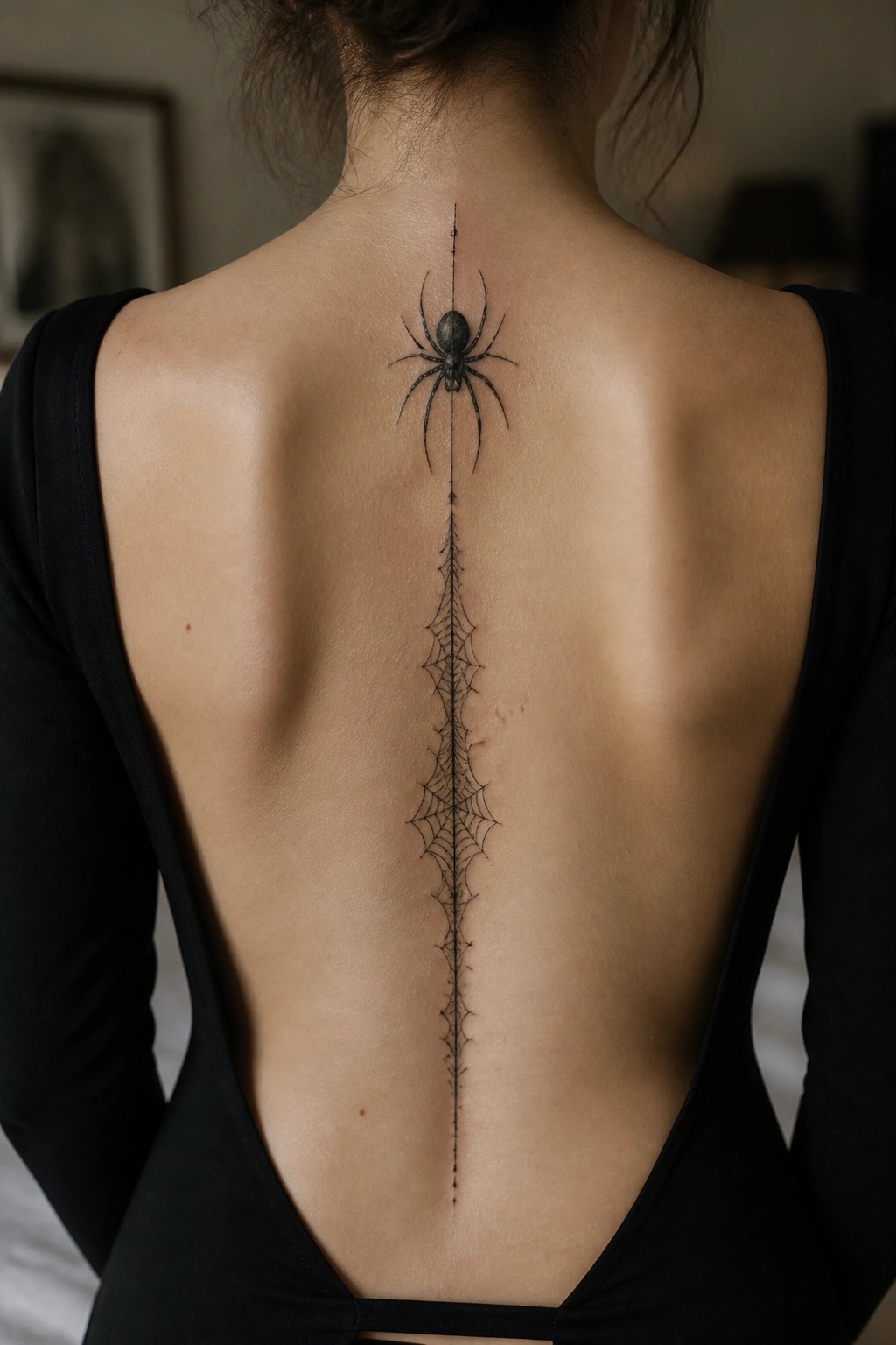 Woman's back with spider and web tattoo down spine in black top