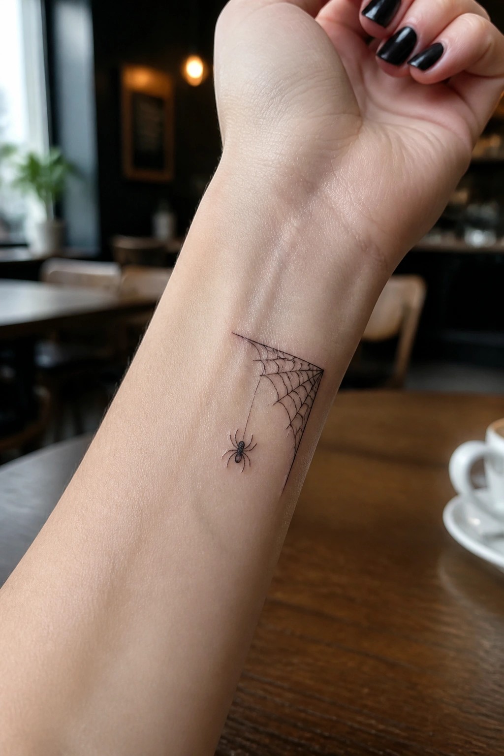 Fine line spider and web tattoo placed on the inner forearm in black ink