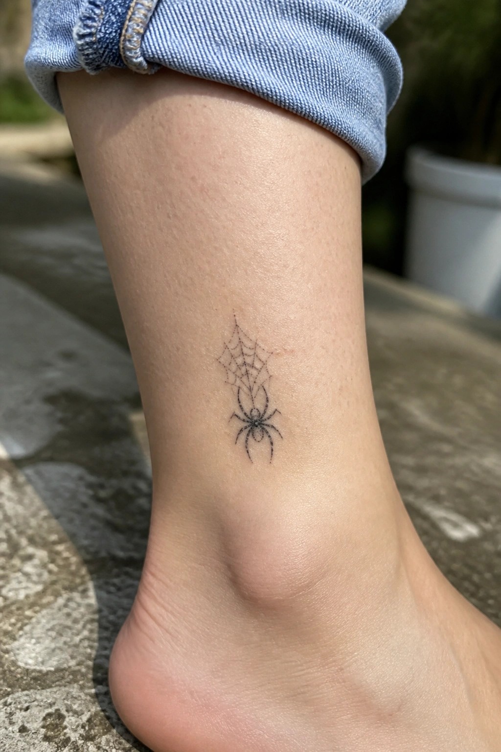 Spider and web tattoo on ankle below rolled blue denim jeans cuff