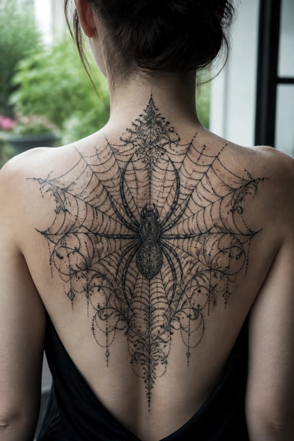 Black ink spider web tattoo with a central spider placed down the center of a woman's back from neck to mid back.