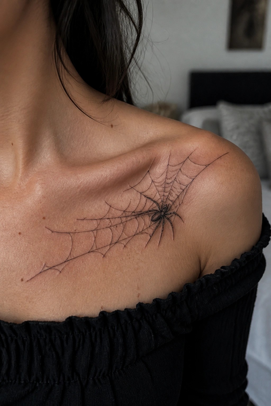 Fine line black ink spider web tattoo with a central spider placed across a woman's shoulder and upper chest area.