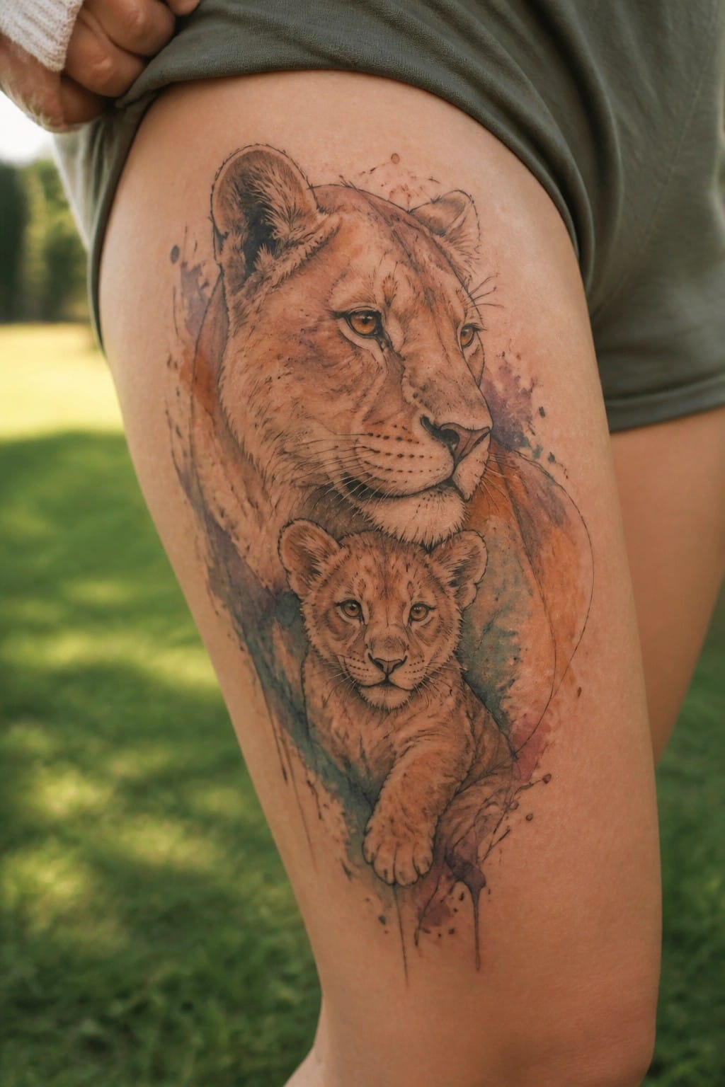 Watercolor lioness and cub tattoo on thigh beneath lifted green shirt