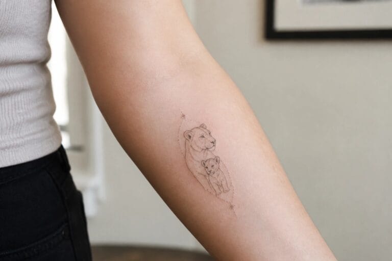 Fine line tattoo of a lioness and cub on the inner forearm showing the mother looking out while the cub rests below her.