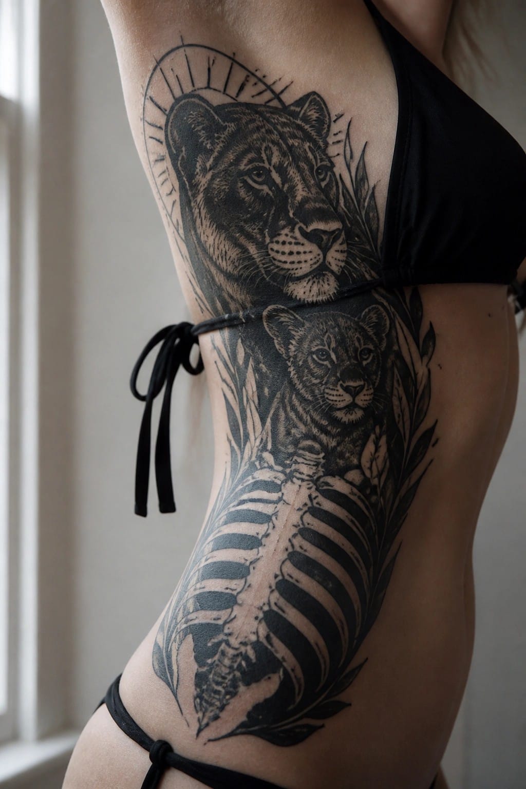 Woman's side torso in black bikini with lioness, cub, and skeleton tattoos.