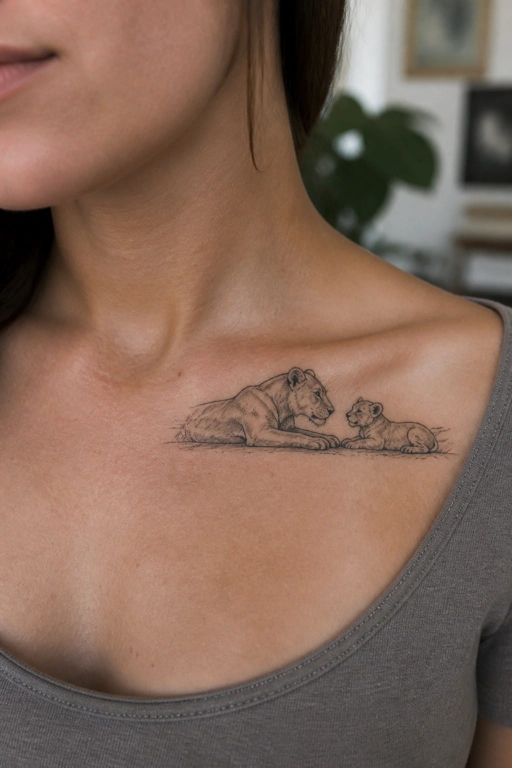 Lioness and cub tattoo on woman's collarbone above gray shirt