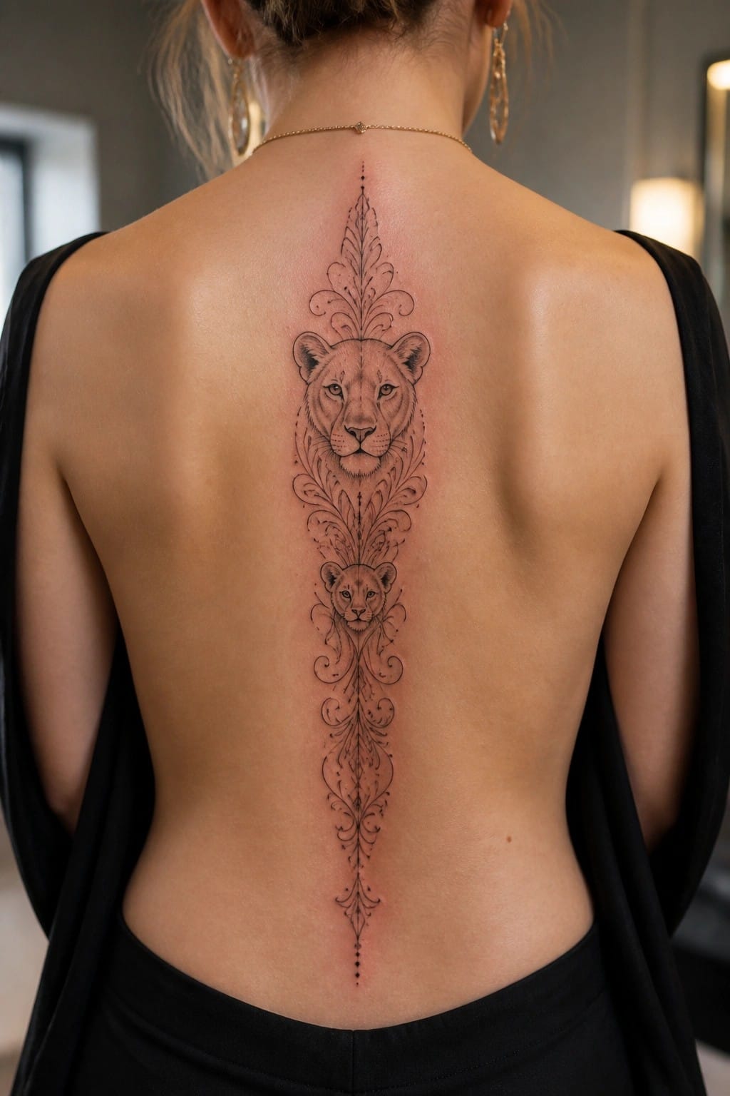 Fine line blackwork tattoo of a lioness above a cub, connected by symmetrical ornamental patterns running vertically down a woman's spine.