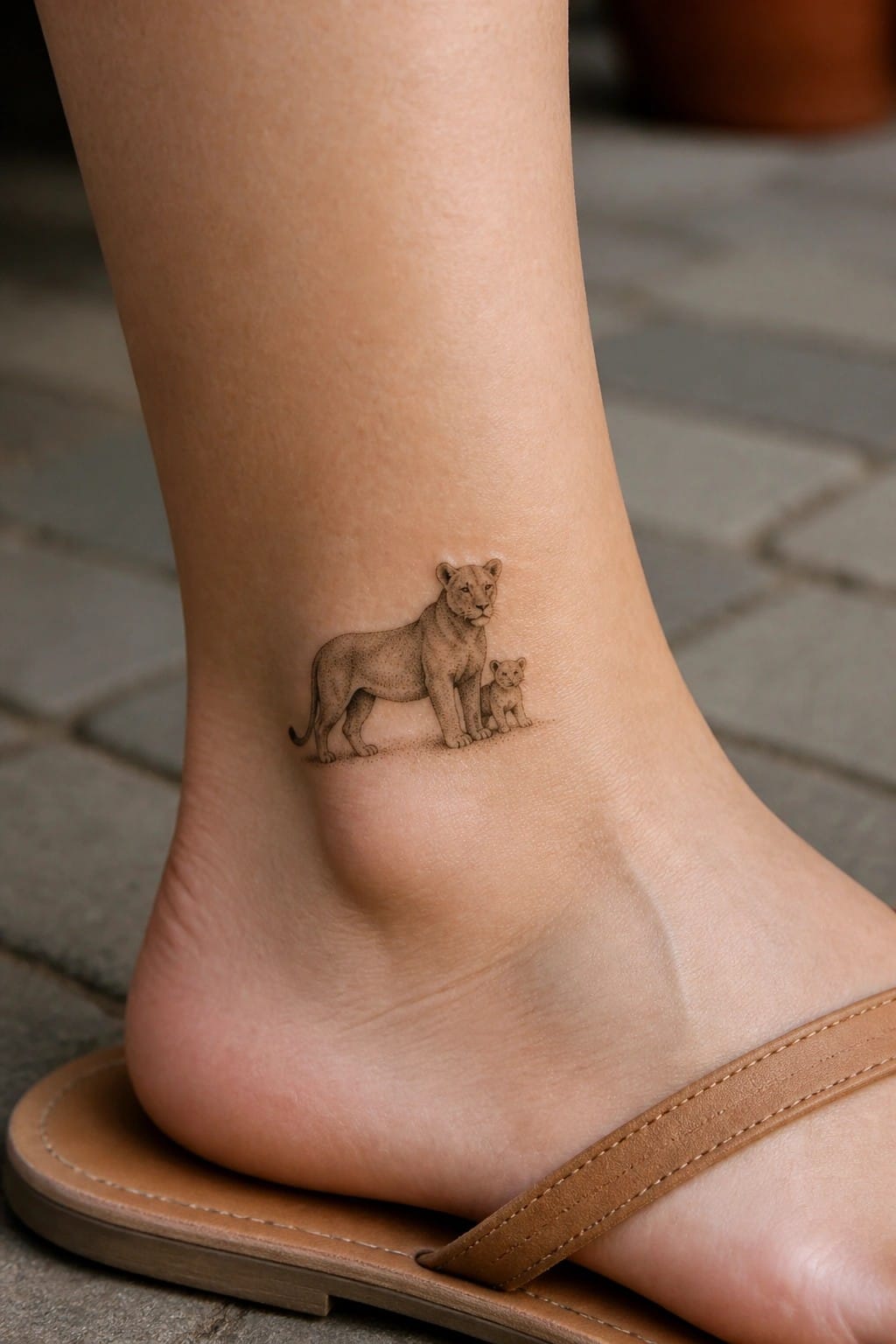Small realistic black and grey tattoo of a lioness standing next to her cub on the ankle