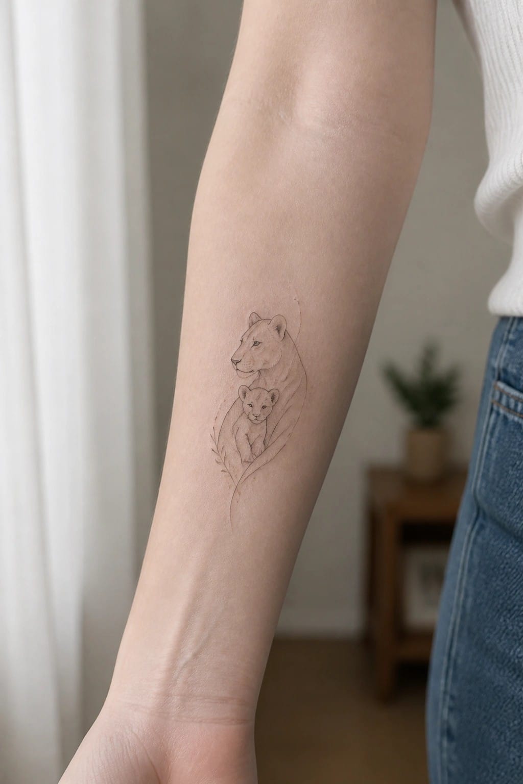 Fine line tattoo of a lioness and cub on the inner forearm showing the mother looking out while the cub rests below her.