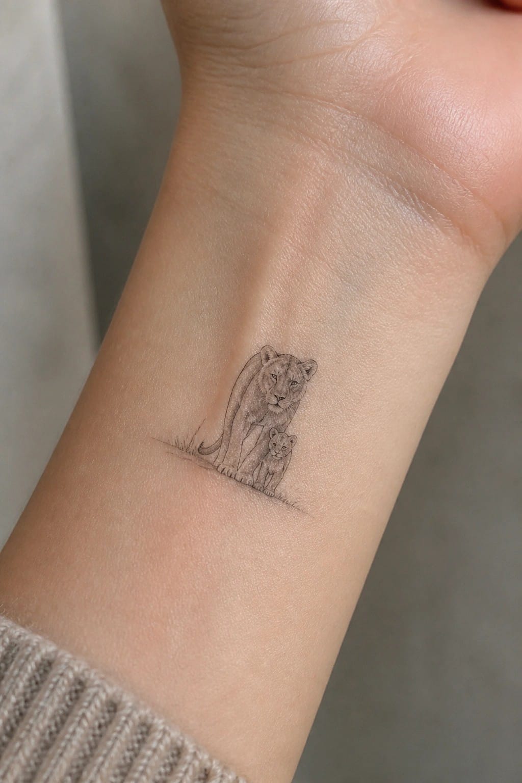 Fine line tattoo of a lioness standing over a cub on the inner wrist with minimal grass detail at the base.