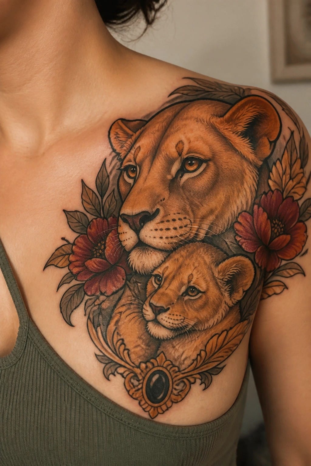 Realistic lioness and cub tattoo with red flowers on shoulder above green tank top