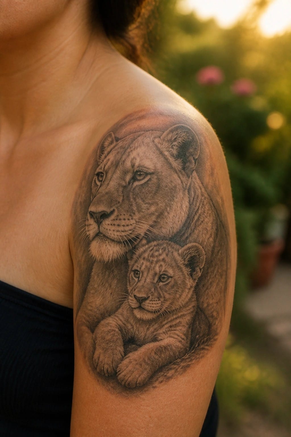 Realistic lioness and cub tattoo on shoulder above black top in sunlight
