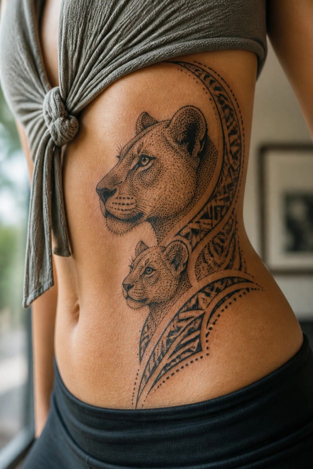 Black ink tattoo of a lioness above a cub on the side torso, with patterned details curving around the design.
