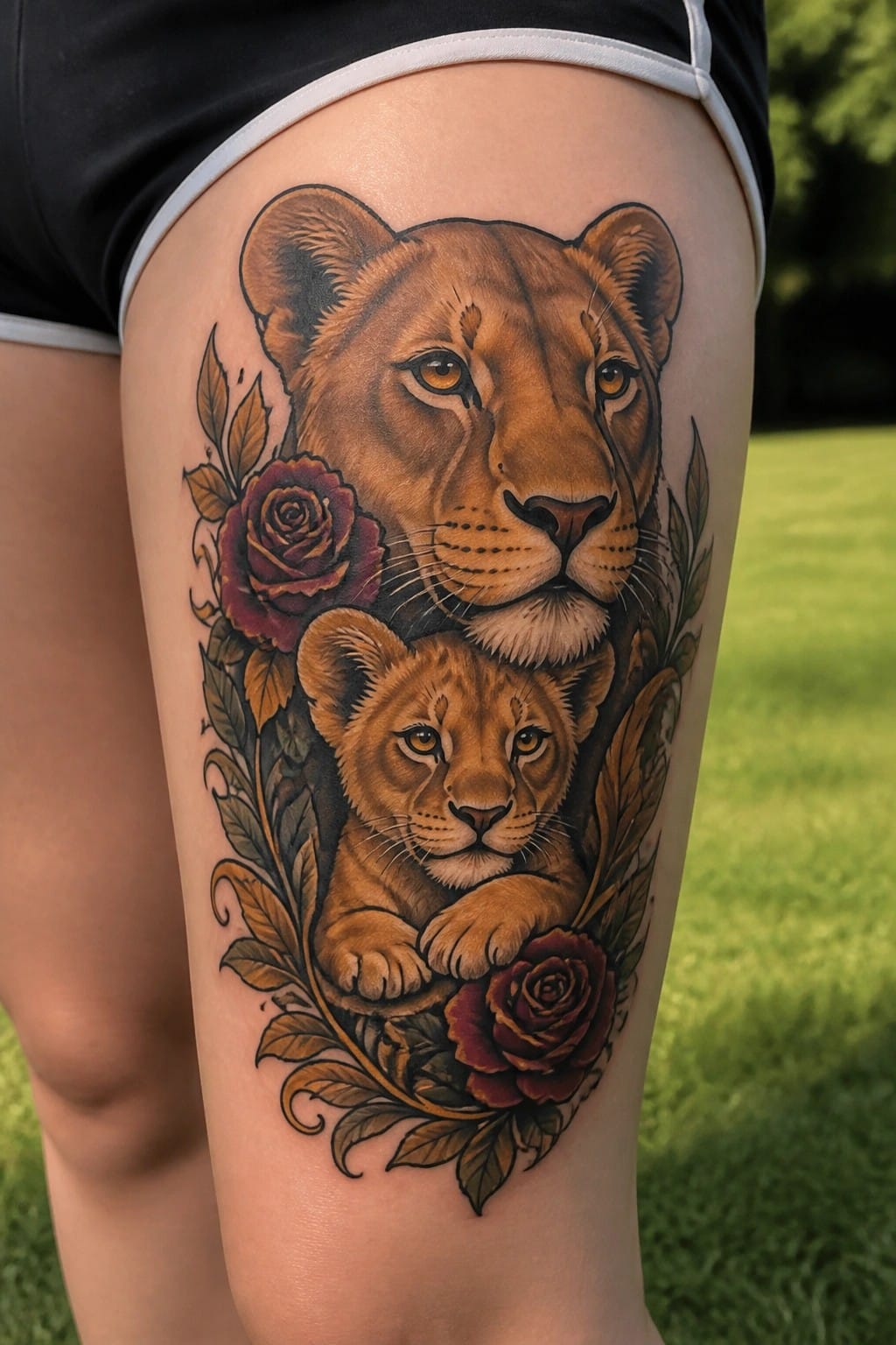 Realistic thigh tattoo of a lioness and cub with roses and leaves around them