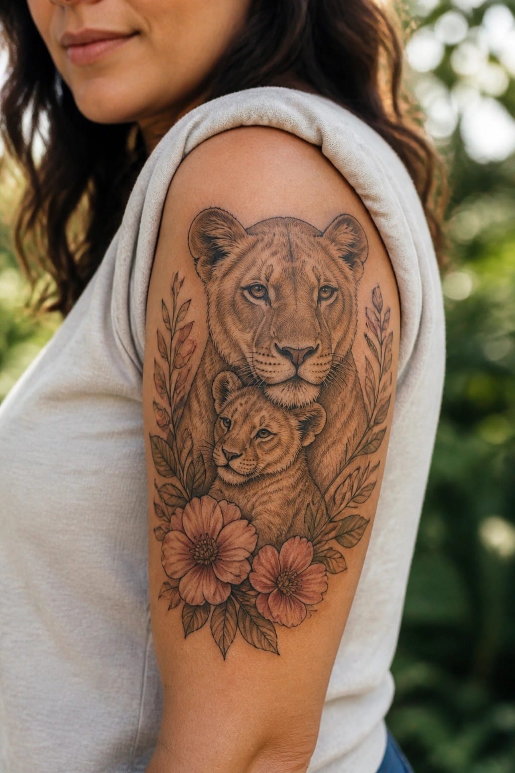 A detailed tattoo of a lioness and cub on a woman's upper arm, framed by flowers and leaves in black and gray with soft color accents.