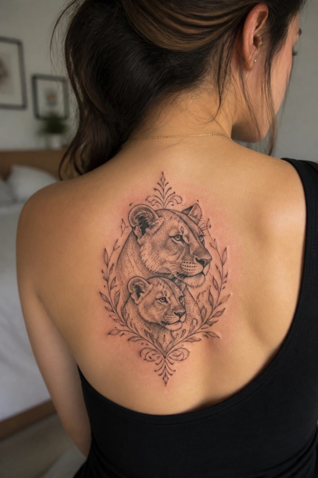 Woman's back in black tank top with ornate lioness and cub tattoo