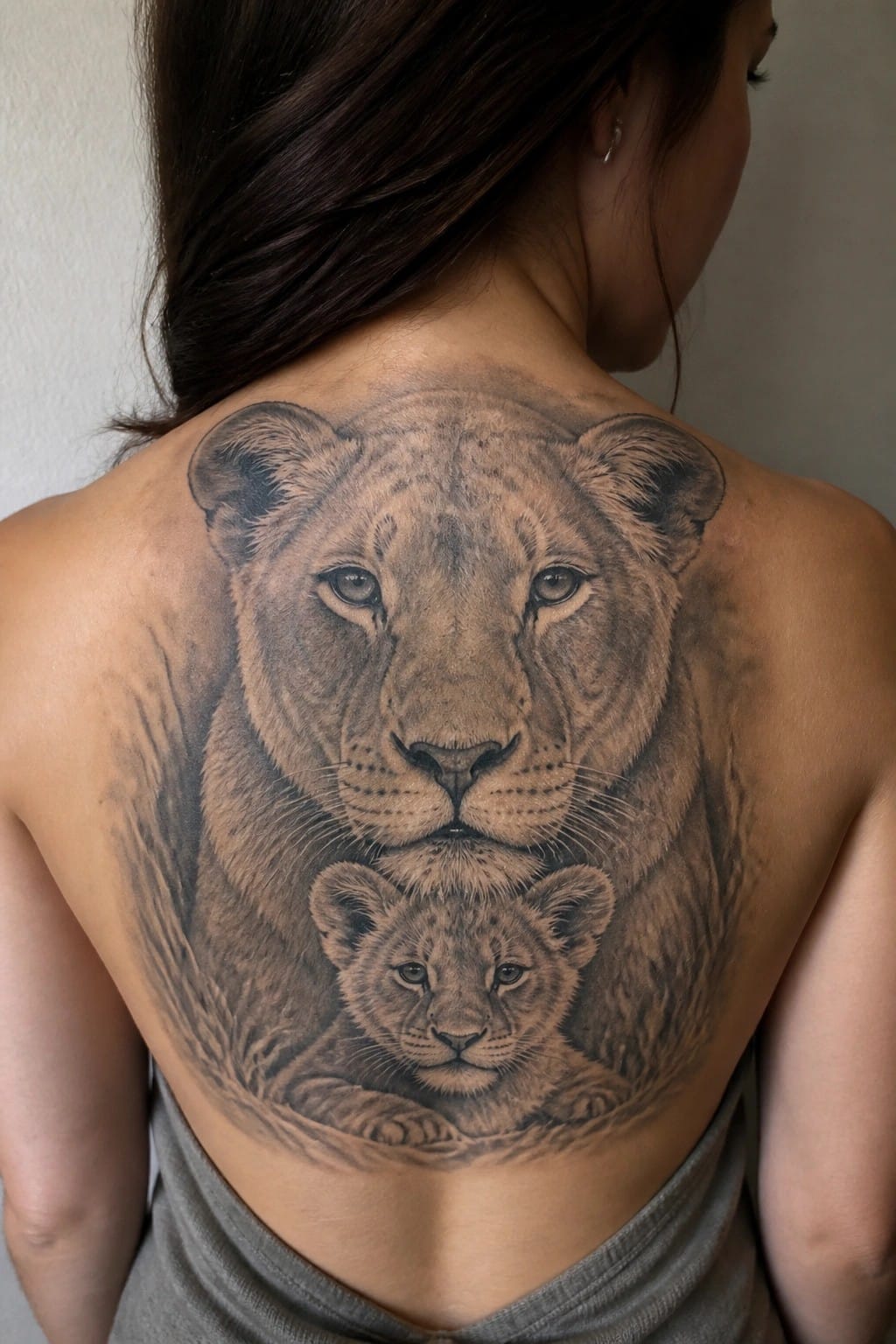 Detailed black-and-gray tattoo of lioness with cub covering woman's upper back.