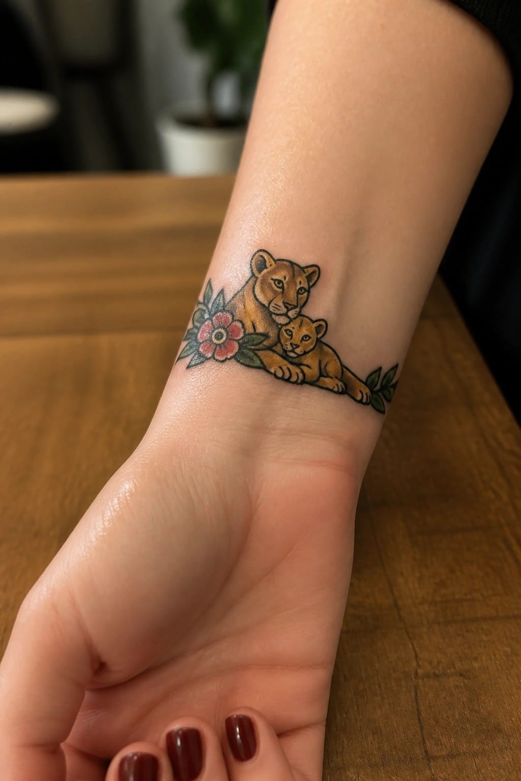 Color tattoo of a lioness and cub resting on the wrist, with a flower on the left and leaves on the right.