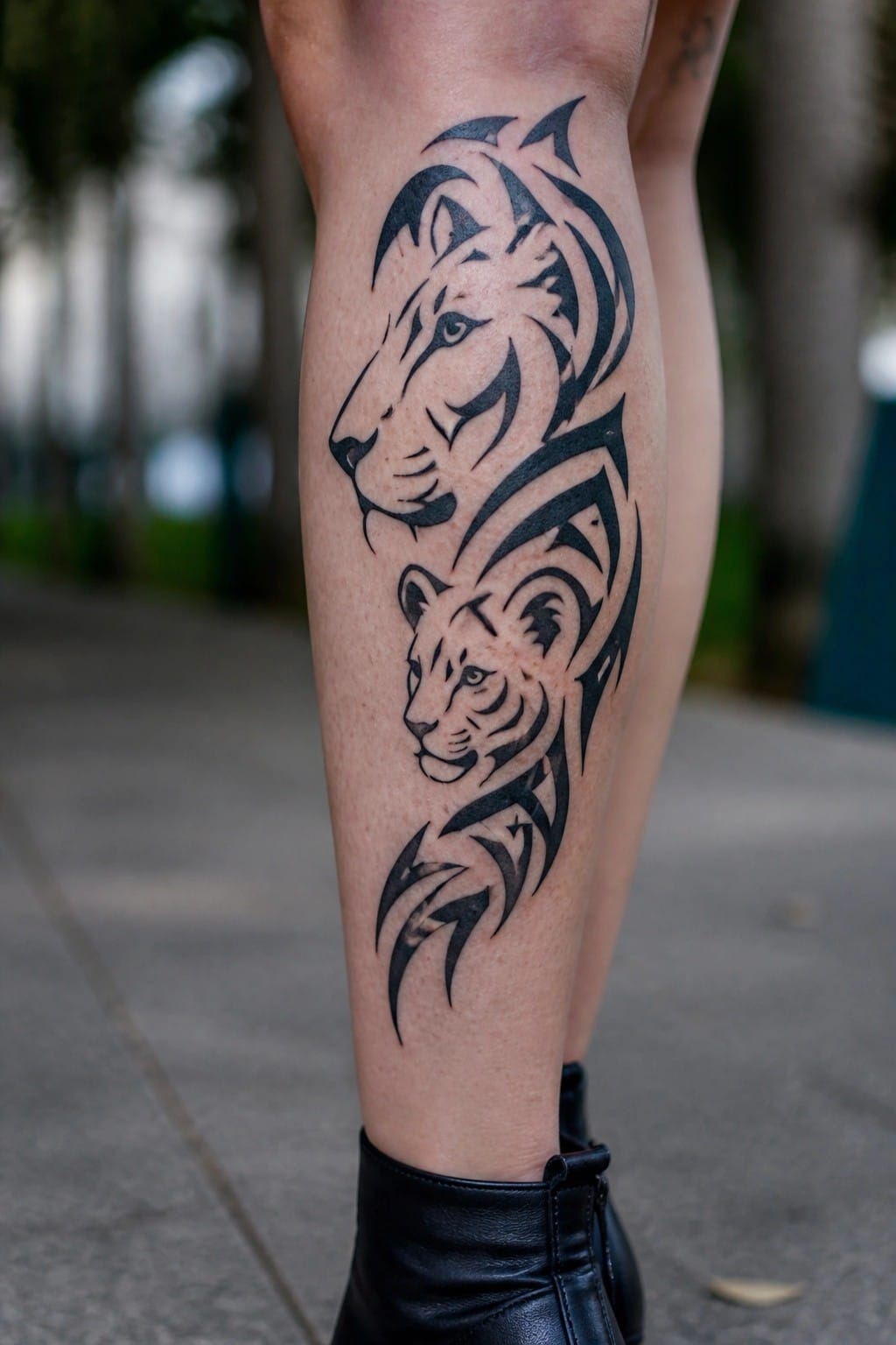 Black tribal tattoo of a lioness above a cub on the calf, with bold outlines and connected shapes.