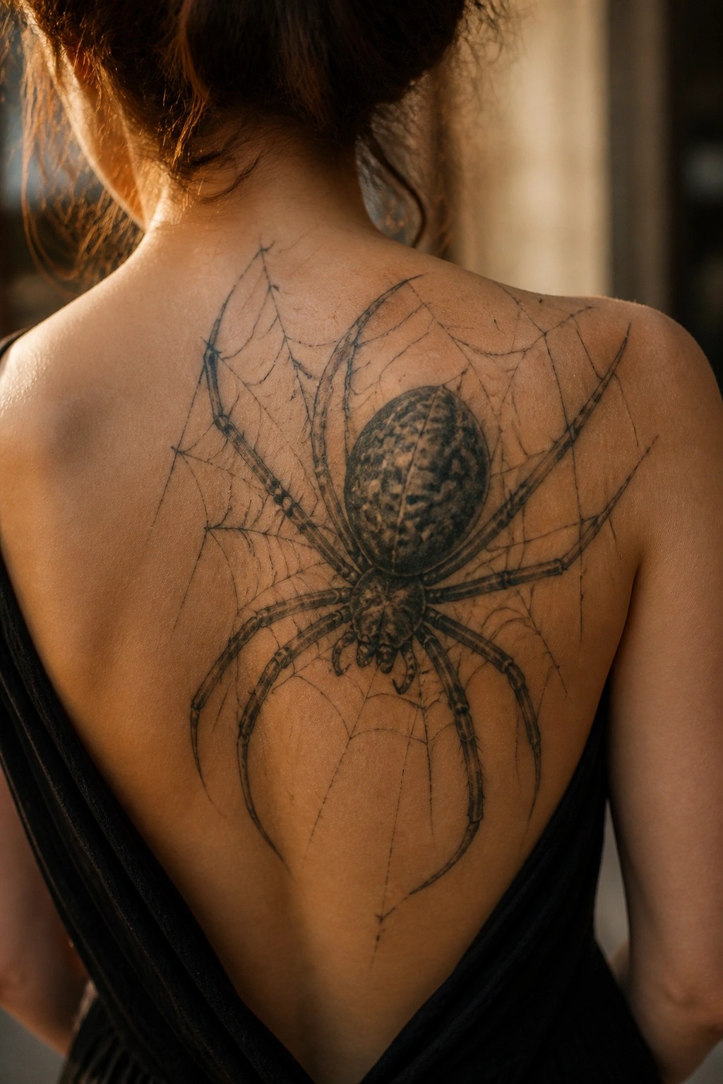 Large black and grey spider with web tattoo covering a woman's upper back