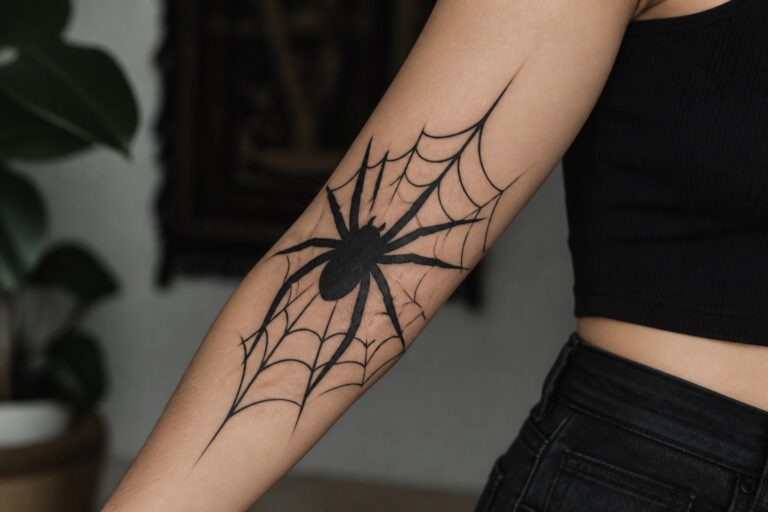 21 Bold Spider Tattoo Ideas for Women Centered Around Fearless, Dark Feminine Energy Black spider and web tattoo on the inner forearm with lines that follow the arm's curve