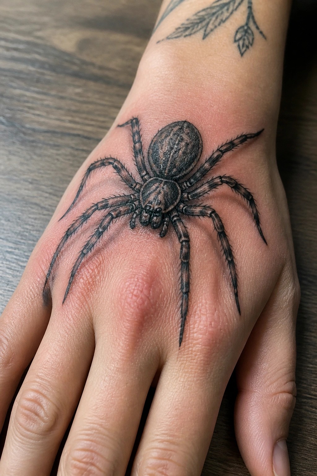Realistic black and gray spider tattoo on reddened back of hand