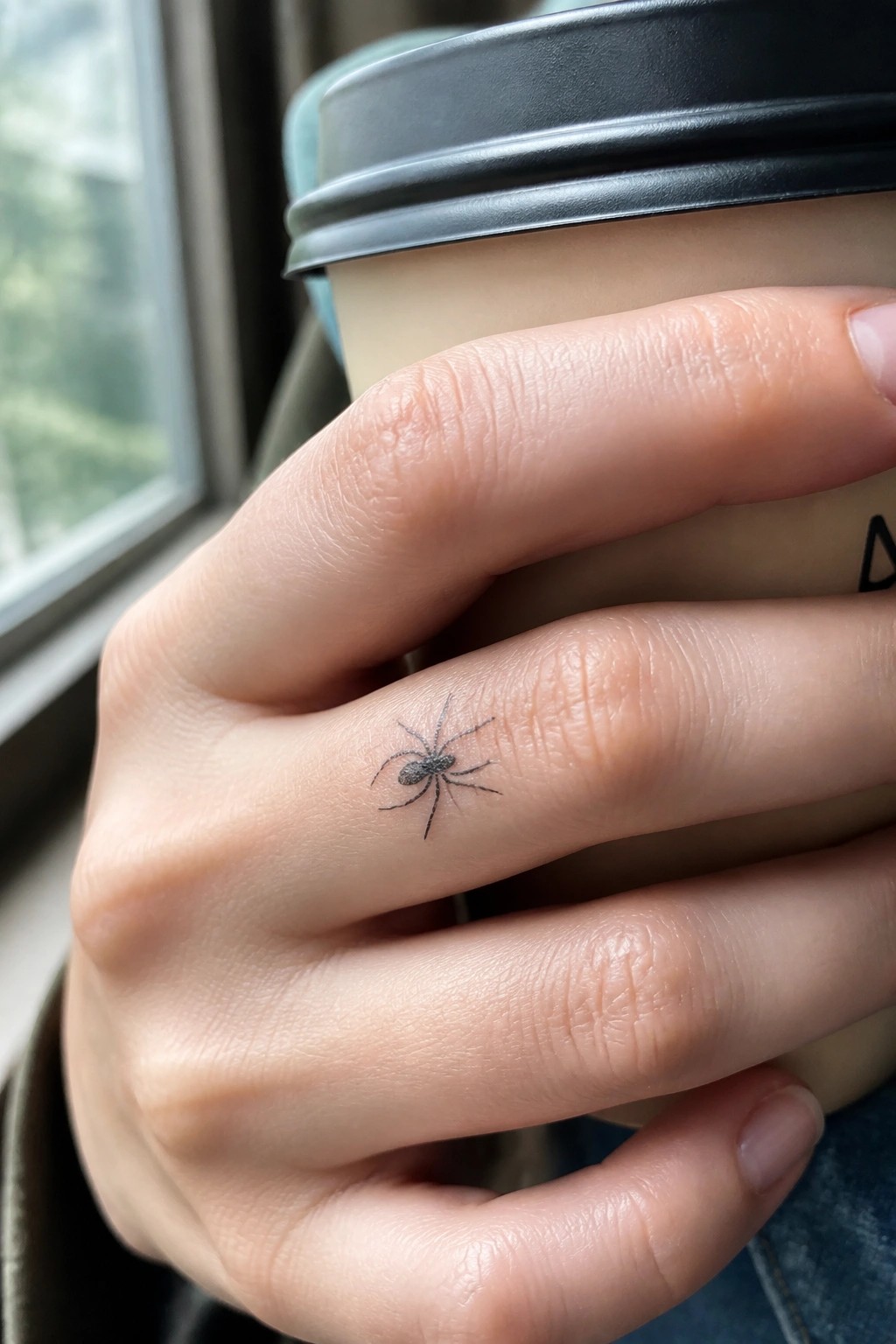 Light-skinned hand with spider tattoo holding paper cup with black lid