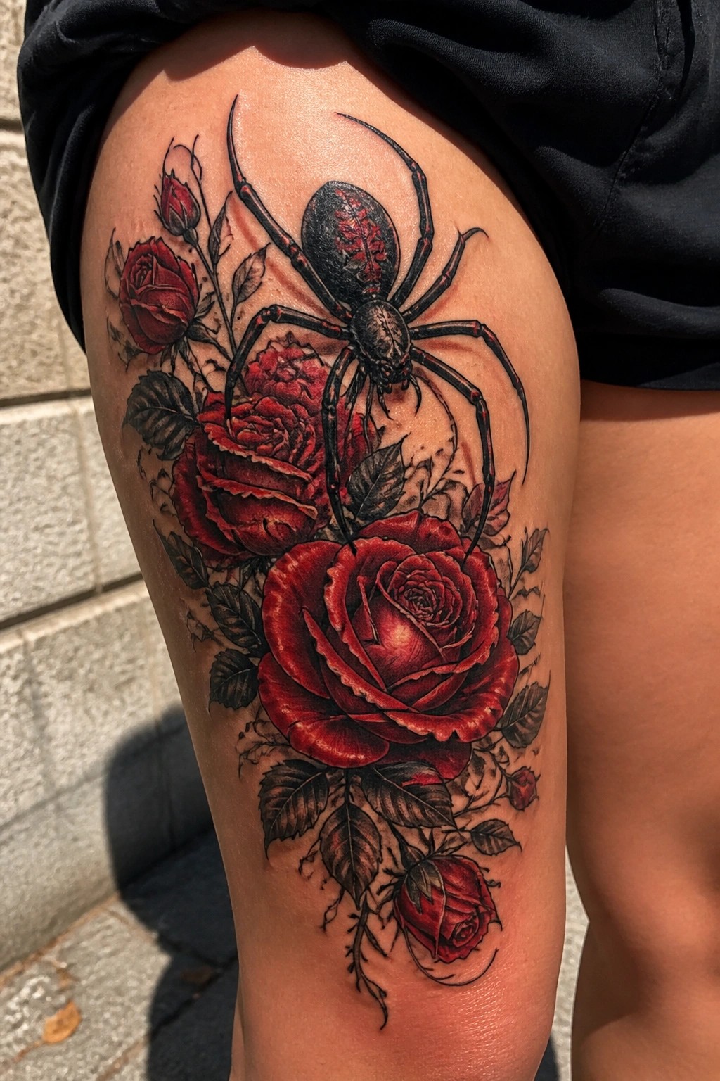 Realistic black widow spider tattoo with red roses on a person's thigh