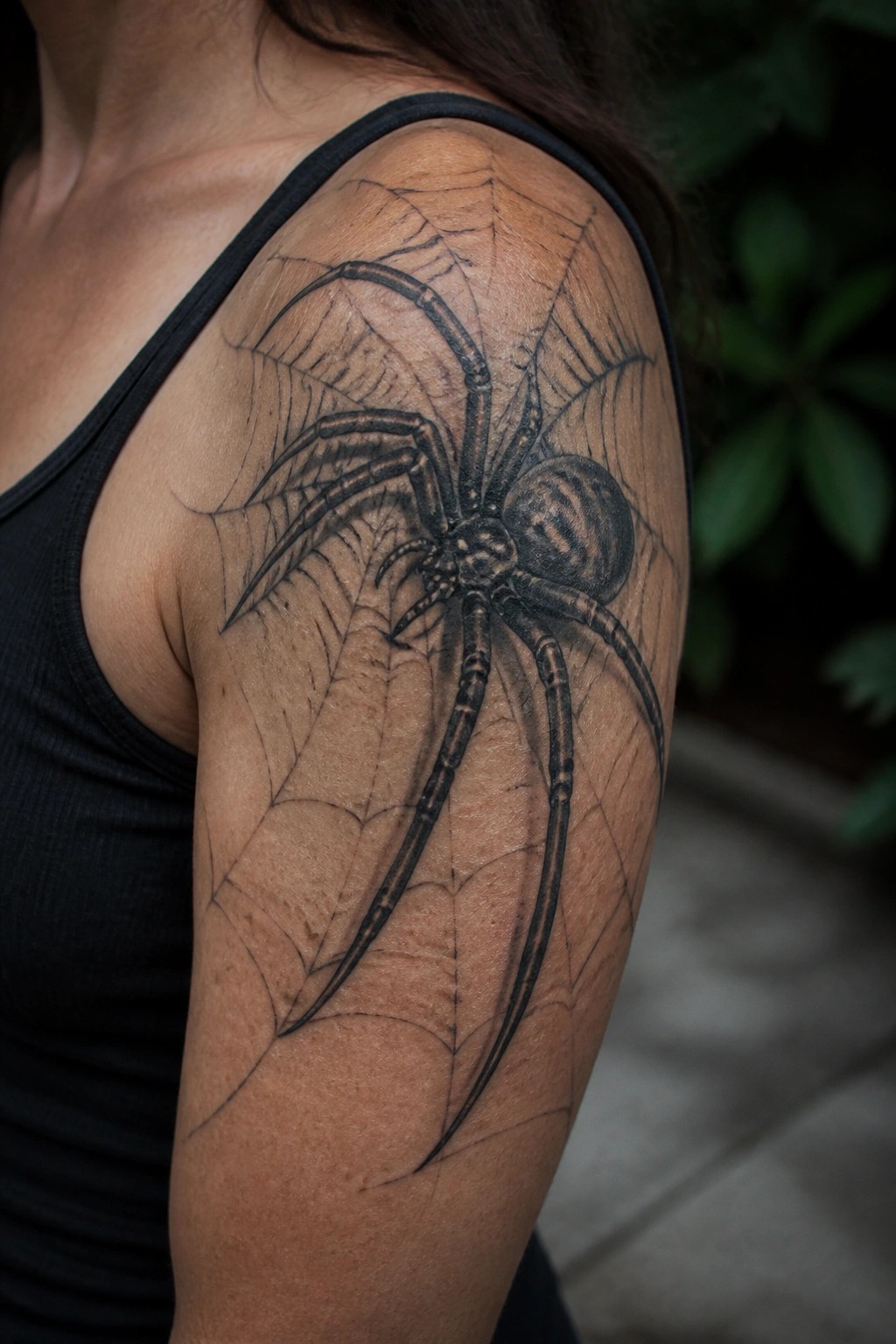Realistic black and grey spider tattoo on a woman's upper arm and shoulder with a detailed web background