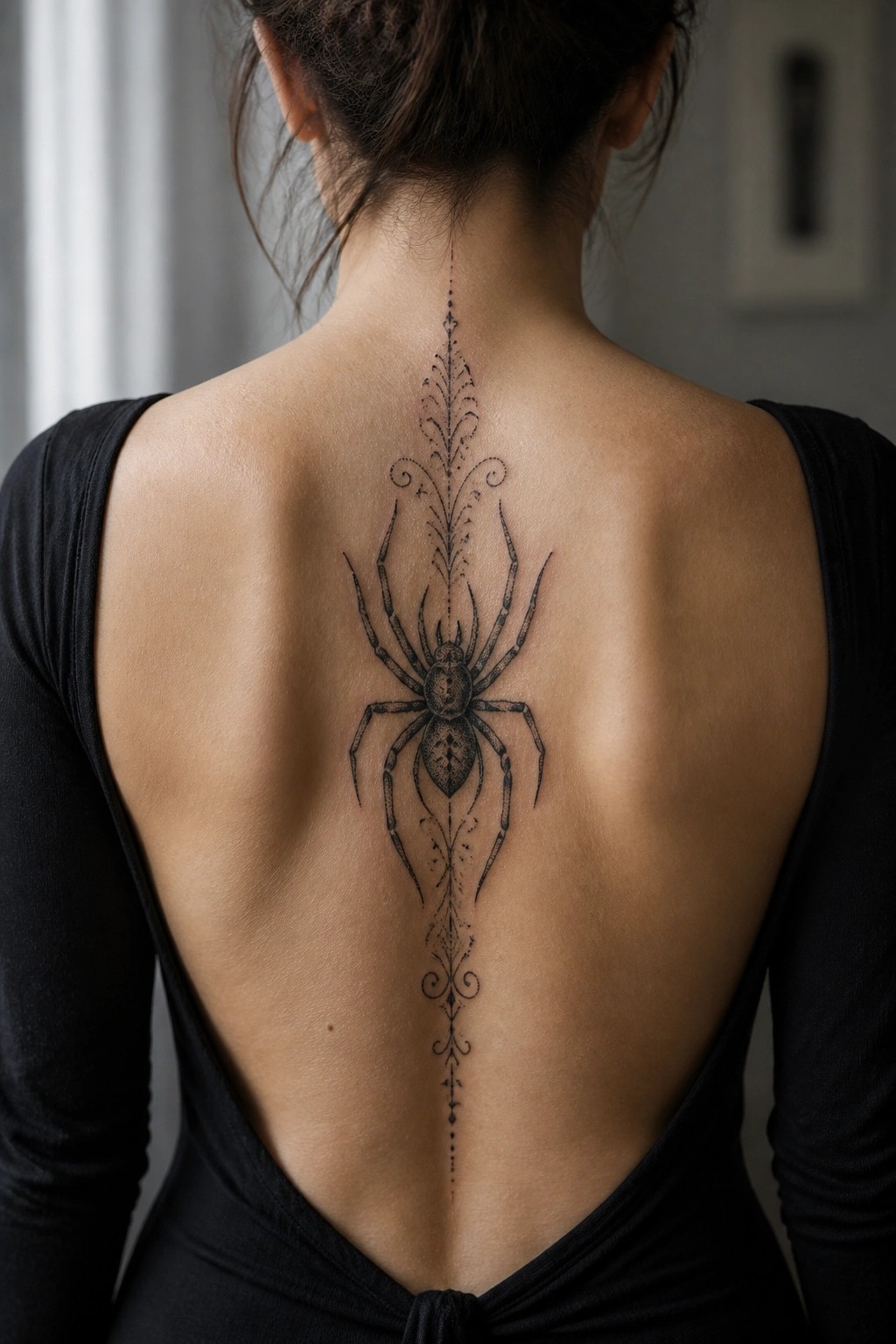 Woman's bare back with large ornate spider tattoo down spine in black top