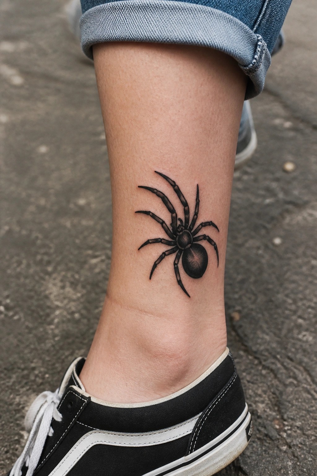 Realistic black spider tattoo on a woman's ankle above a black sneaker