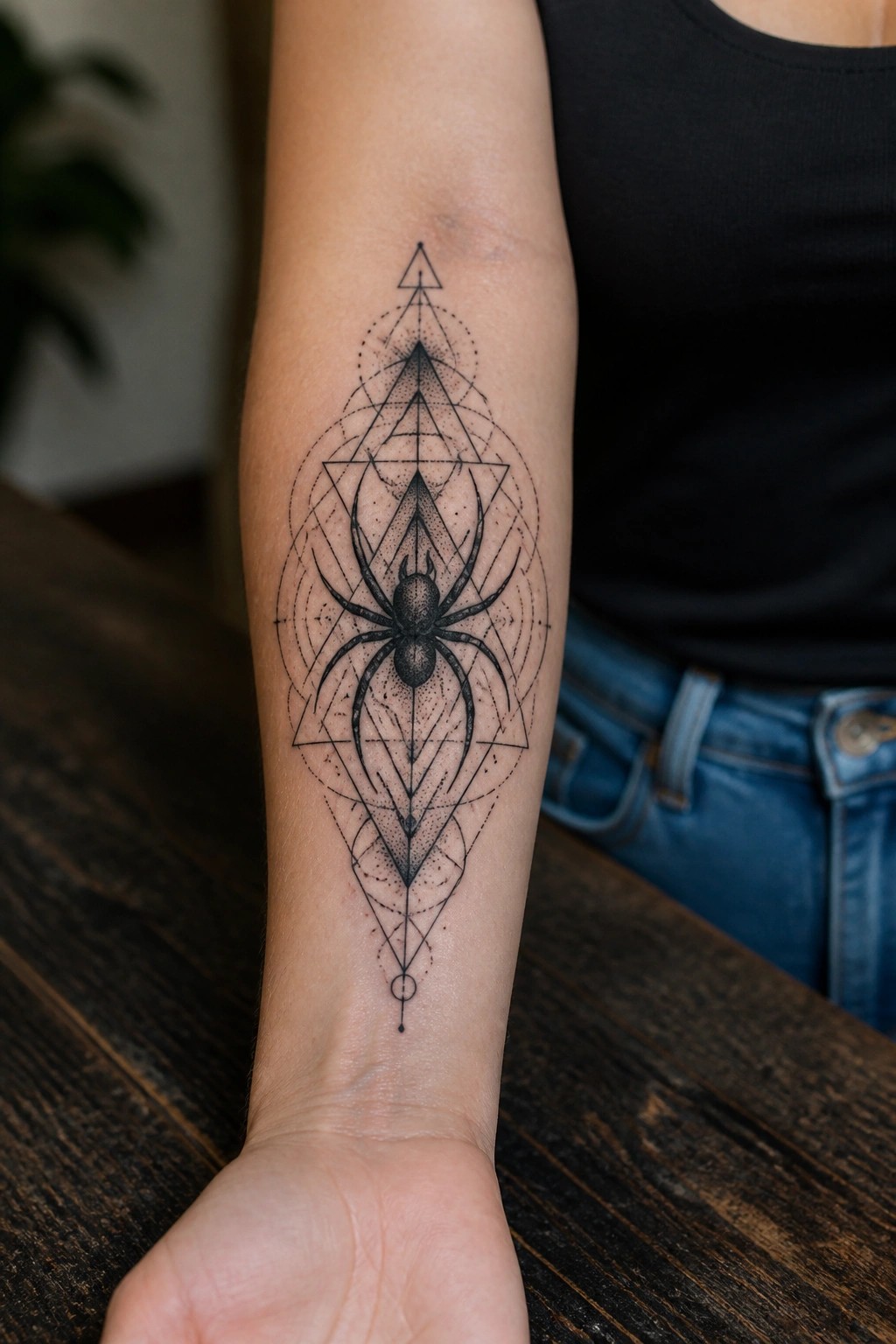Geometric spider tattoo with triangles on forearm above blue jeans