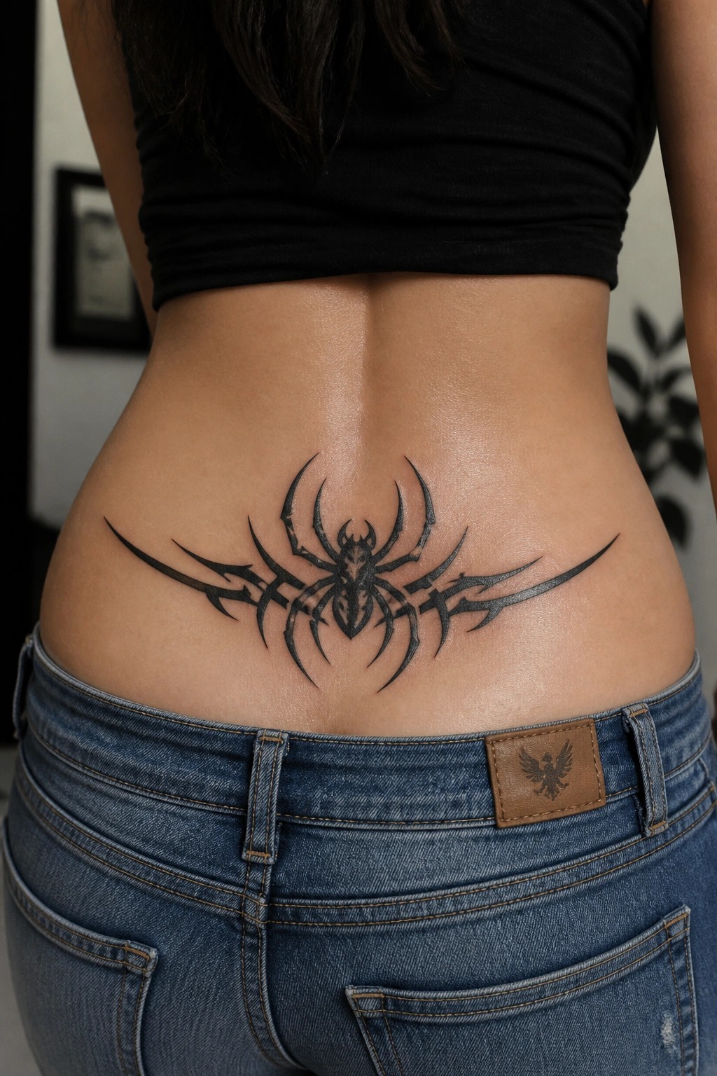 Lower back spider tattoo above blue jeans waistband on fair skin