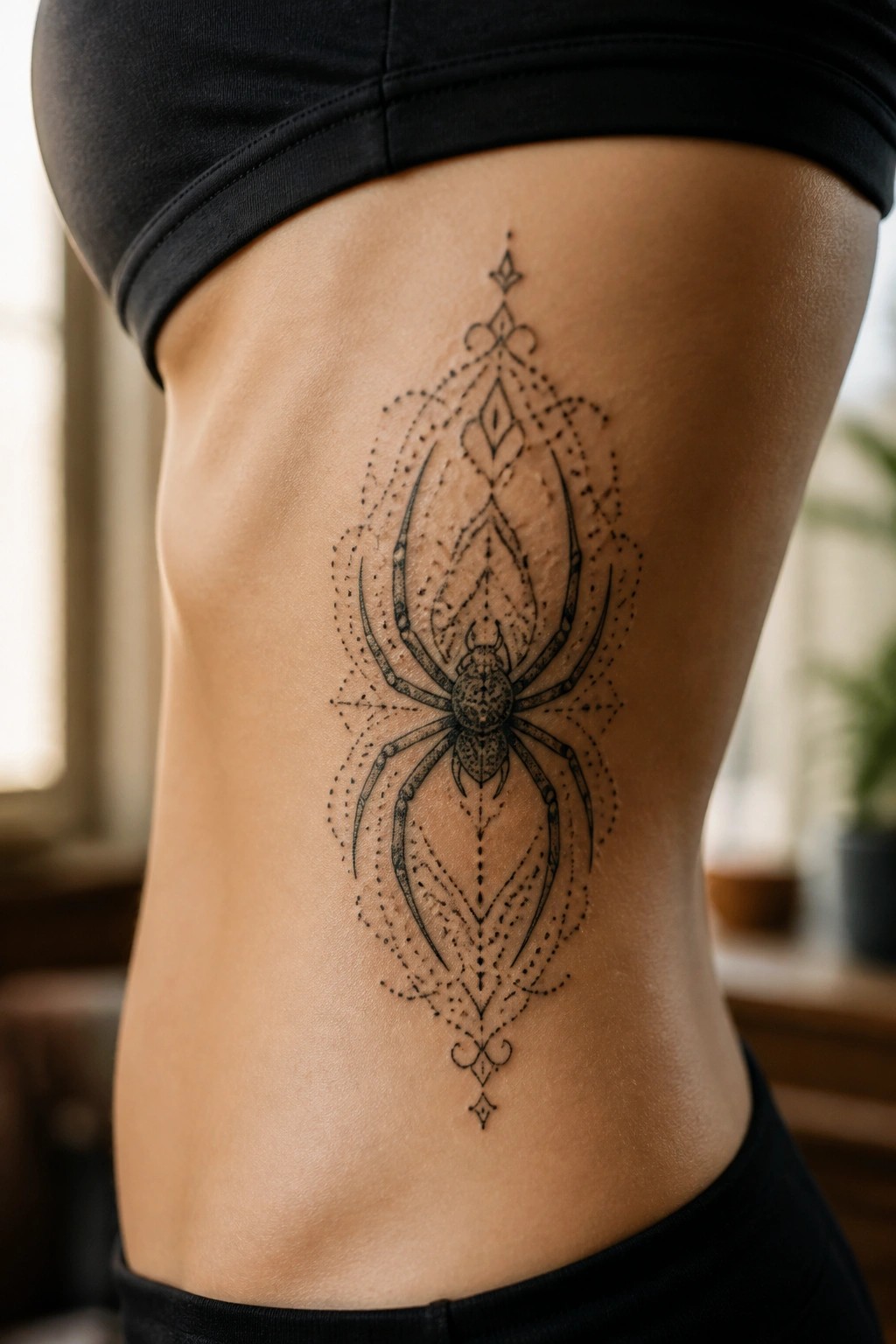 Intricate black spider tattoo with ornate symmetrical patterns on side torso