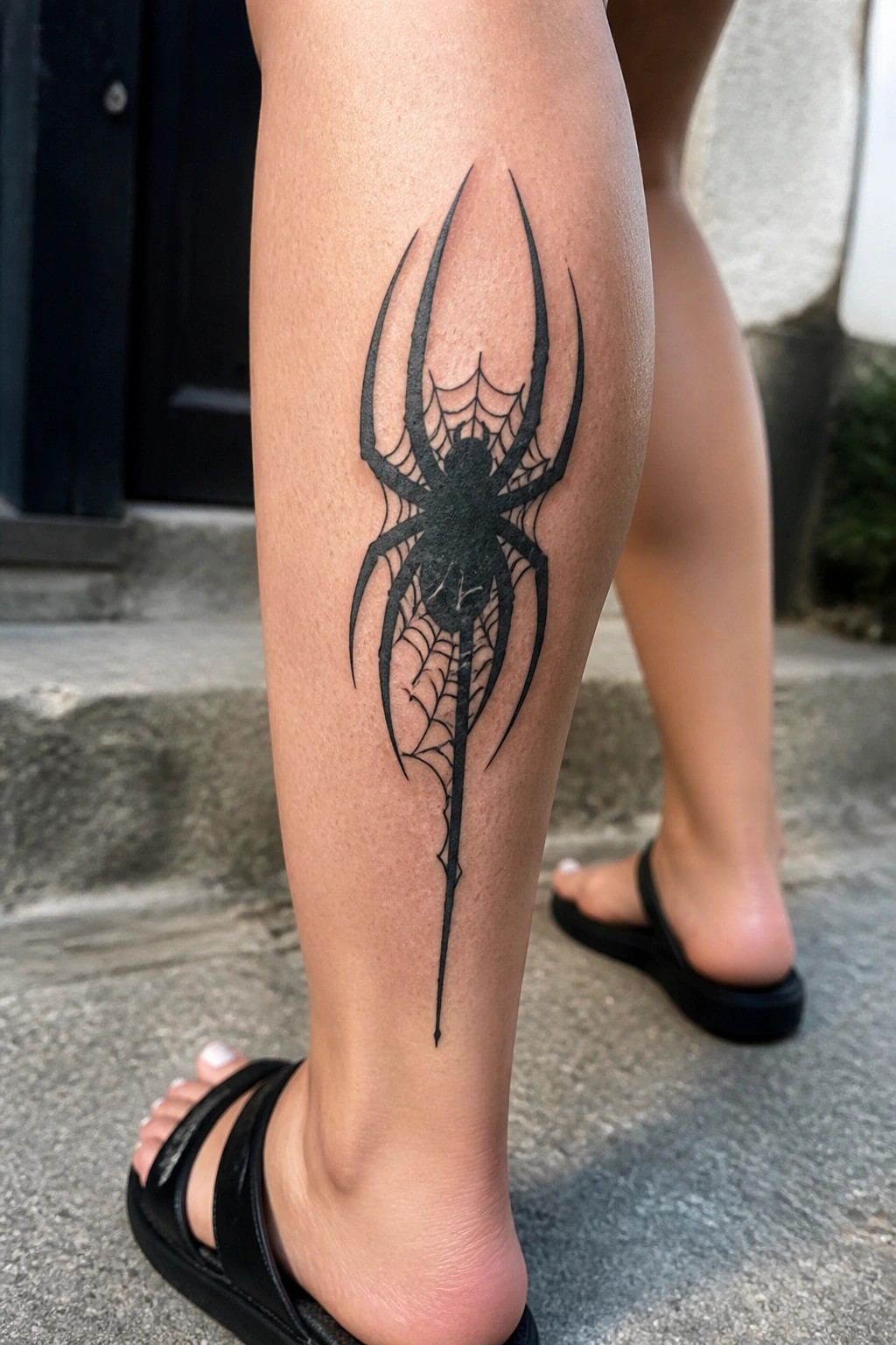 Black spider and web tattoo on lower leg above black sandals.