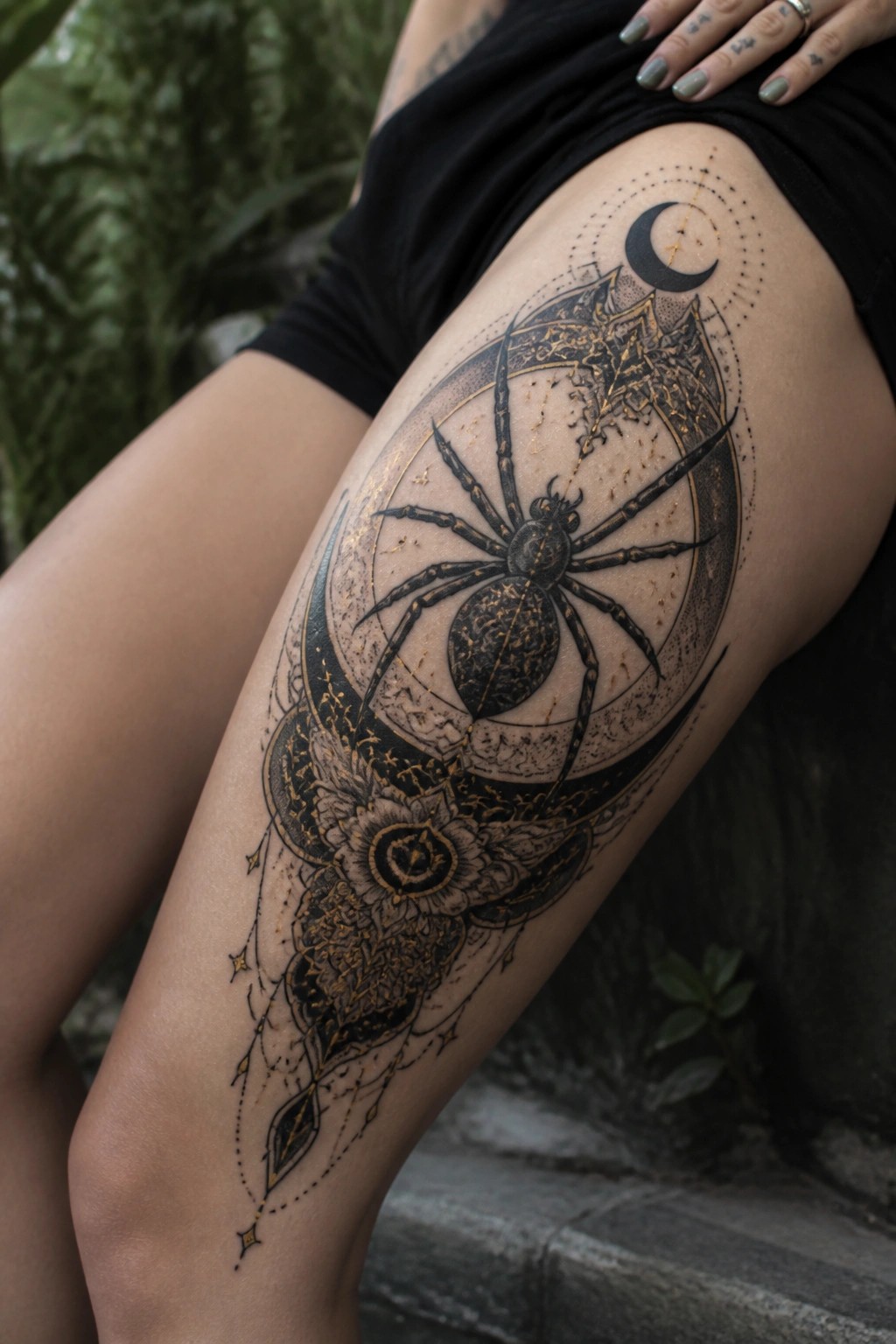 Intricate black and gold spider tattoo with crescent moon on thigh outdoors