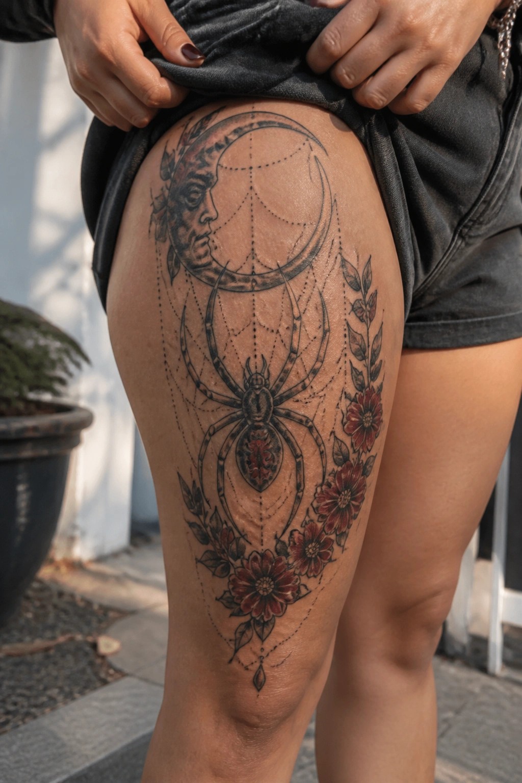 Black shorts lifted to reveal spider, crescent moon, and red floral thigh tattoo