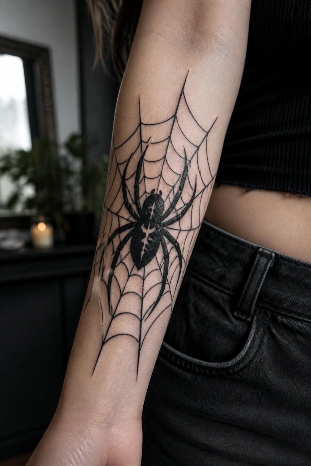Black spider and web tattoo on the inner forearm with lines that follow the arm's curve