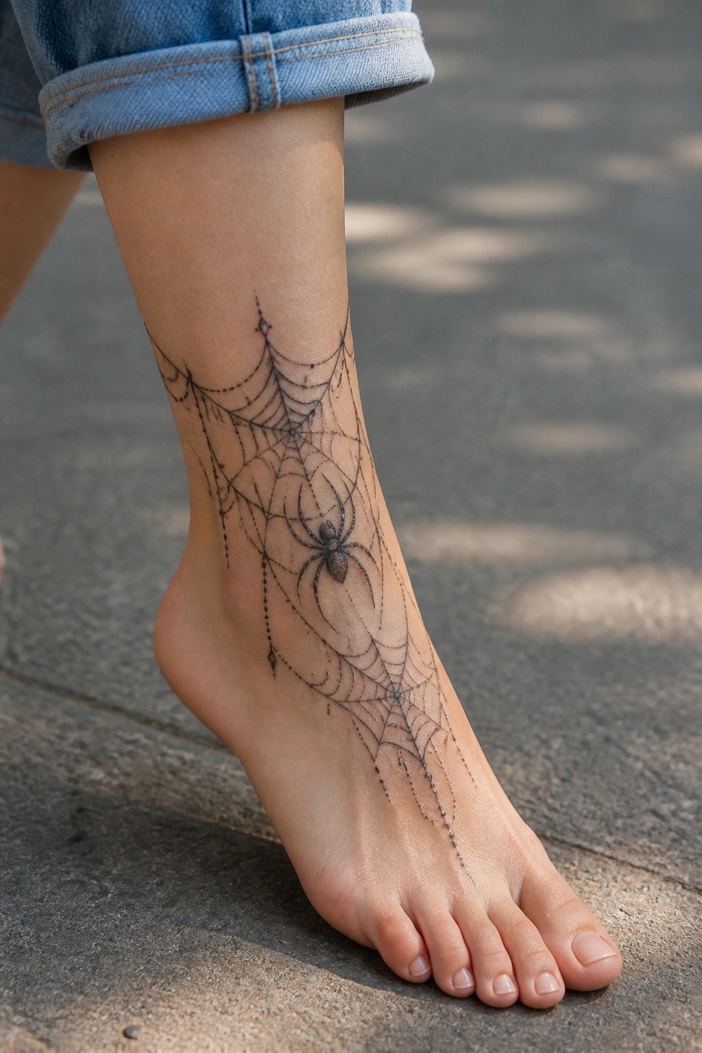 Fine line spider web tattoo with a central spider placed on a woman's ankle and top of foot