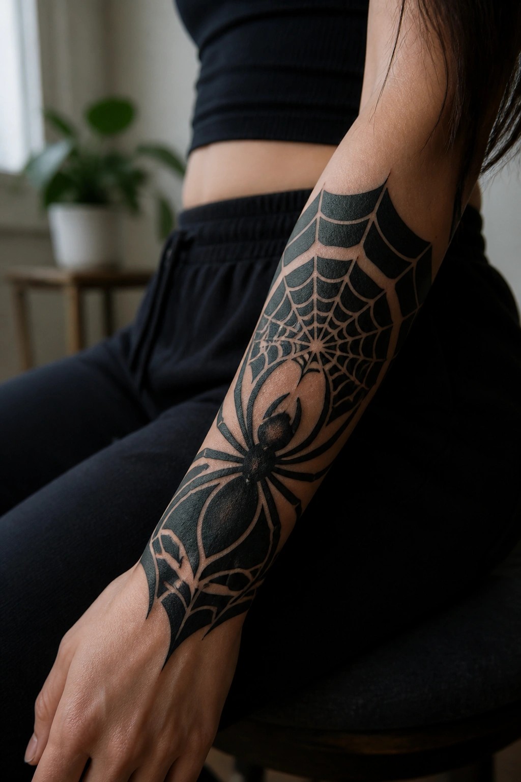 Black spider and web tattoo on forearm in black clothing