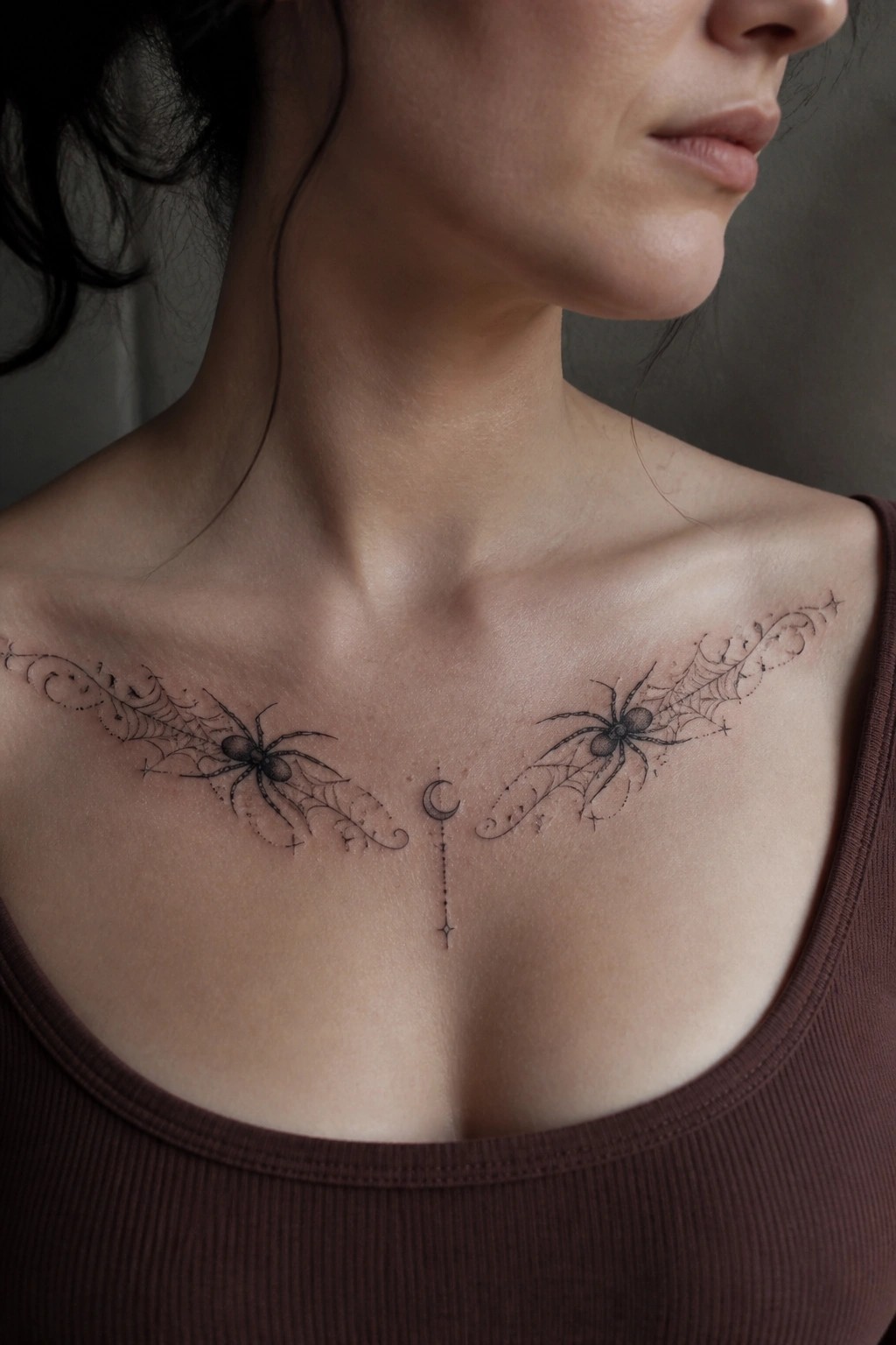Symmetrical spiderweb tattoo with crescent moon and stars on chest above brown top.
