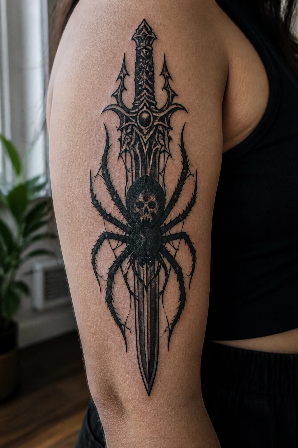 Black ink tattoo of skull spider over ornate dagger on upper arm.